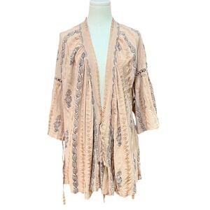 Free People New Romantics Boho Cotton Embroidered Kimono Wrap Jacket XL